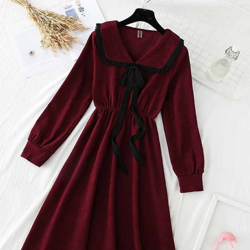 Spring Summer Casual Long Sleeve Corduroy Dress Fashion Doll collar Solid Slim Vintage Dress Elegant Party Vestidos 210521