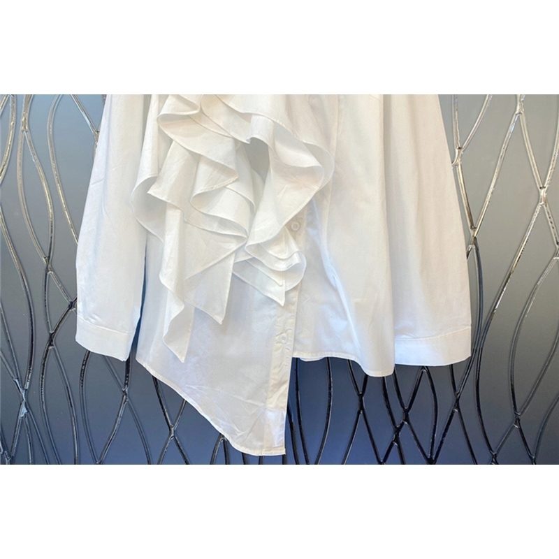 Patchwork Ruffle White Women Shirt Lapel Long Sleeve Irregular Hem Solid Blouse Female Fall Fashion 210524
