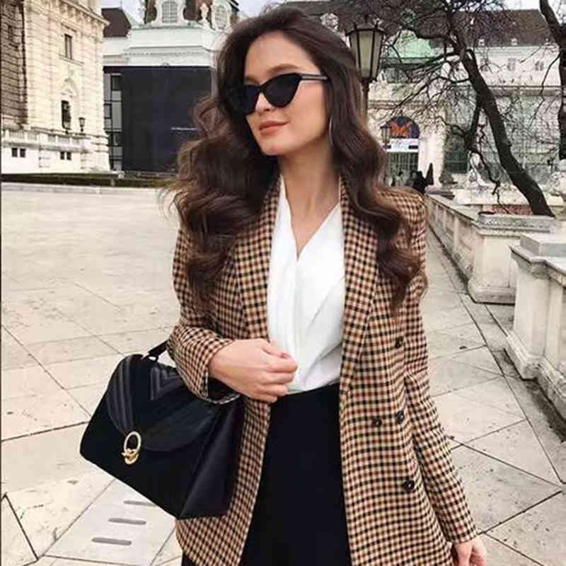 Women Fashion Retro Double Breasted Plaid Blazer Office Lady Long Sleeve Slim OL Casual Jacket Female 210507