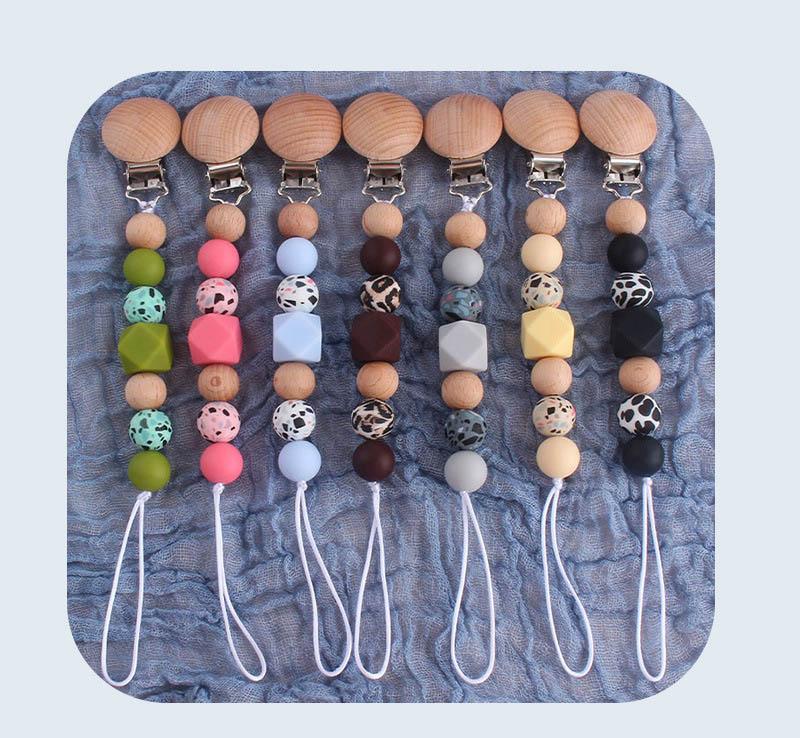DIY Leopard Silicone Baby Pacifier Clips Chain Natural Wooden Infant Teether Teething Beads Newborn Teeth Chew Toys D254 от DHgate WW