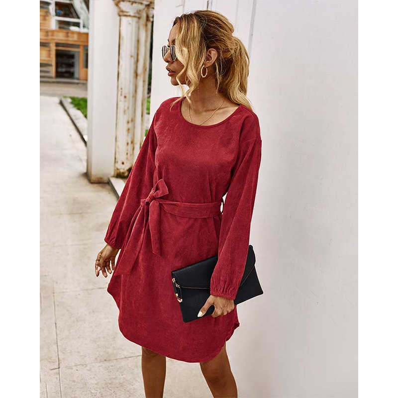 Elegant Corduroy Women Drees Solid Casual O-Neck Latern Sleeve Office Lady Dress With Belt W634 210526