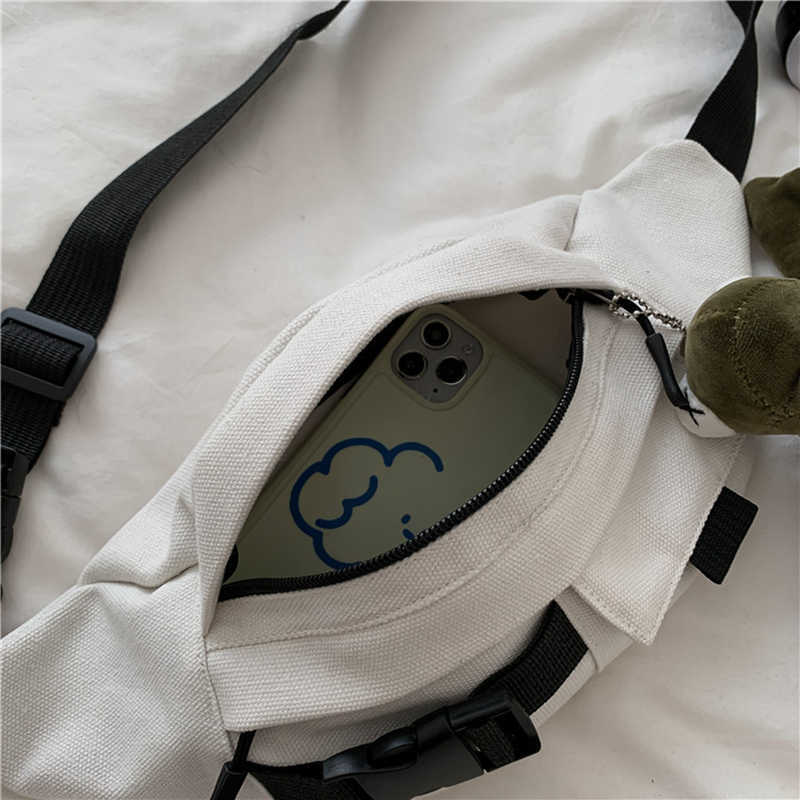 Waist Belt Bag Female Harajuku Style Slung Canvas Casual Running Sports Chest White Fanny Pack Black Bum 210708