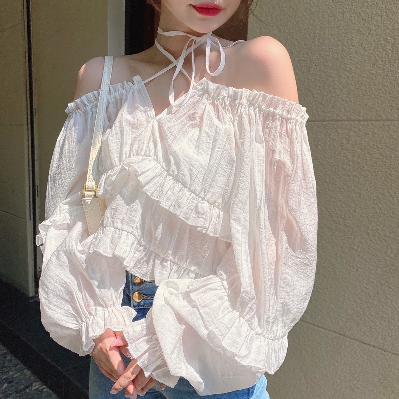 Blouse Chic Fashion Temperament Sweet White Puff Long Sleeve Lace Up Sunscreen Chiffon Shirt Sexy Halter Top Women Clothing 210429