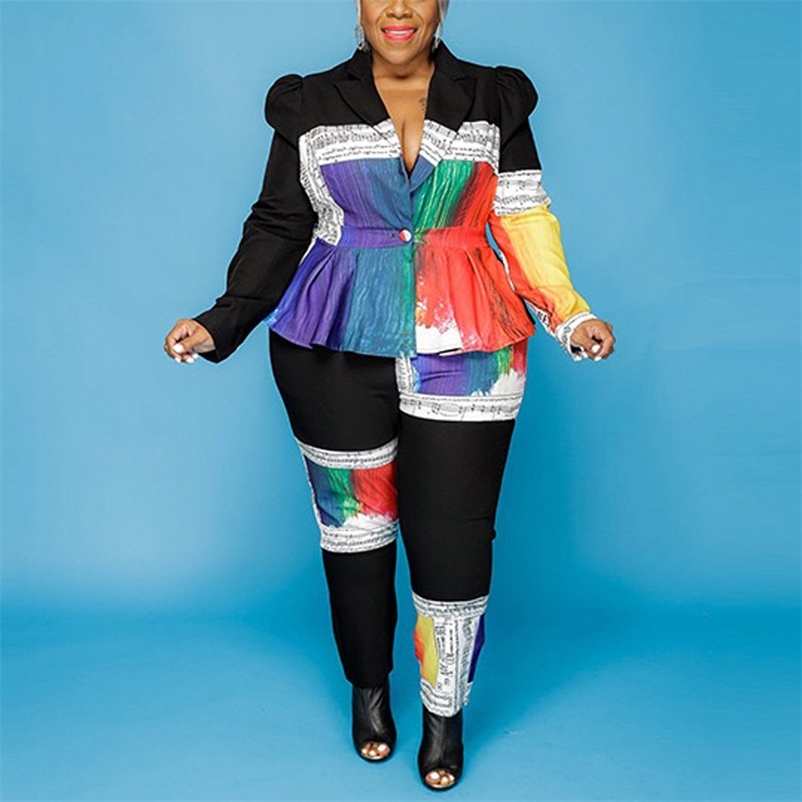 4xl 5xl Plus Size 2 Pieces Sets Womens Outfits Color Block Tops & Pencil Pants Fashion Elegant Clothes Two Matching 210510