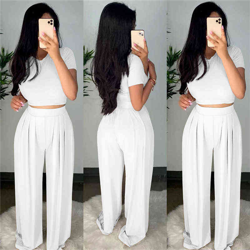 Wholesale Dropshpping High Quality Women Two-piece Sets Solid Color Tight Casual Top + Wide Leg Pants Elasticity 211105