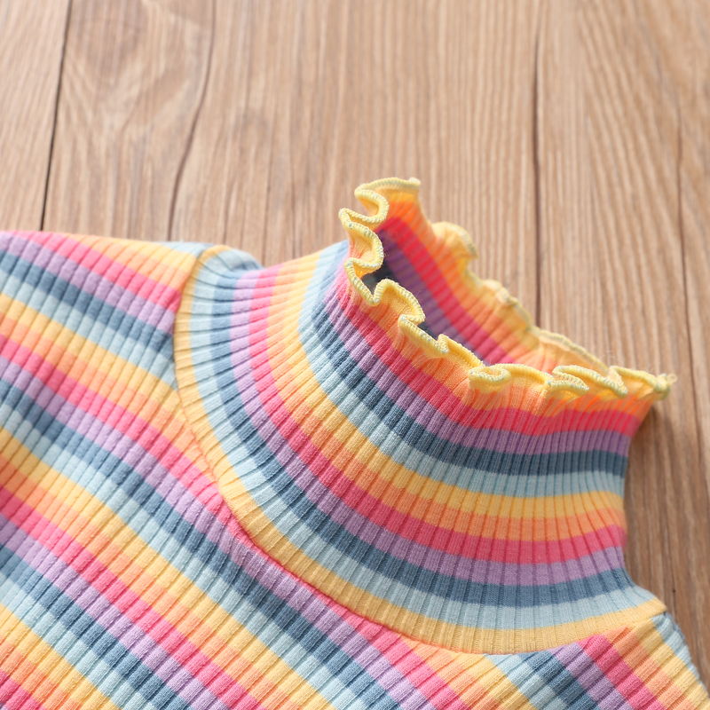 2021 Spring Autumn 2-10 12 Years Children'S Sweet Long Sleeve Colorful Striped High Neck Basic Turtleneck T-Shirt For Kids Girls 220217