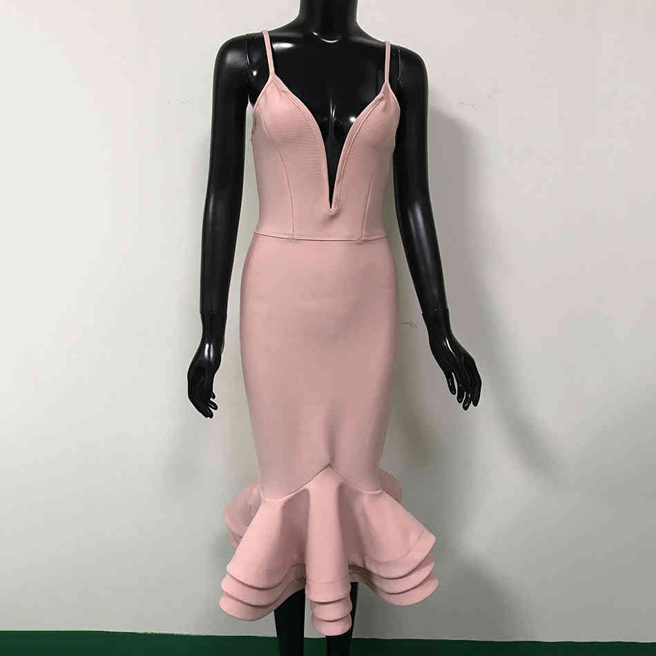 High Quality Pink White Black V-Neck Sleeveless Non-Slip Ruffled Rayon Bandage Dress Elegant Sexy Party 210525