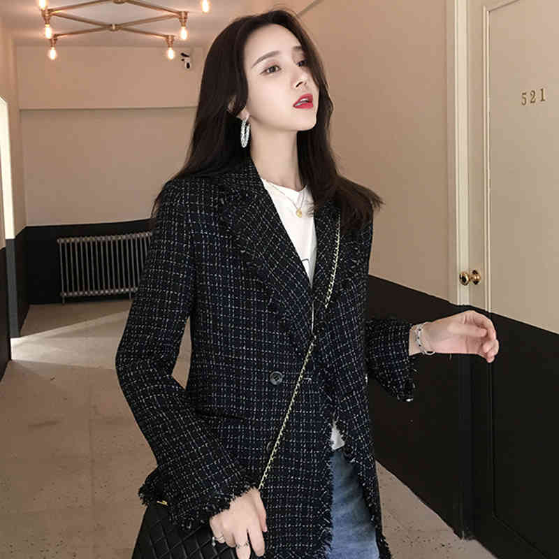 Women Blazer Casual Office Plaid Jacket Autumn Notched Collar Long Sleeve Tweed Suit Ladies Jackets Double Breasted Blazer Coat 210414