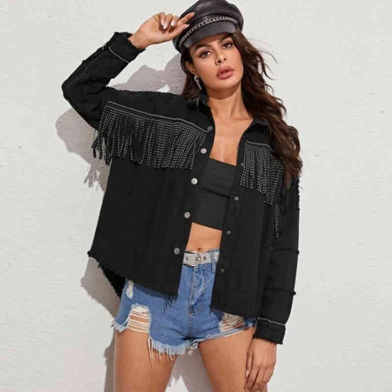 Jackets Women Coat White Trench Woman Jeans Denim Tassel Short Female Casual Long Sleeve Button Pockets Coats 307C 210420