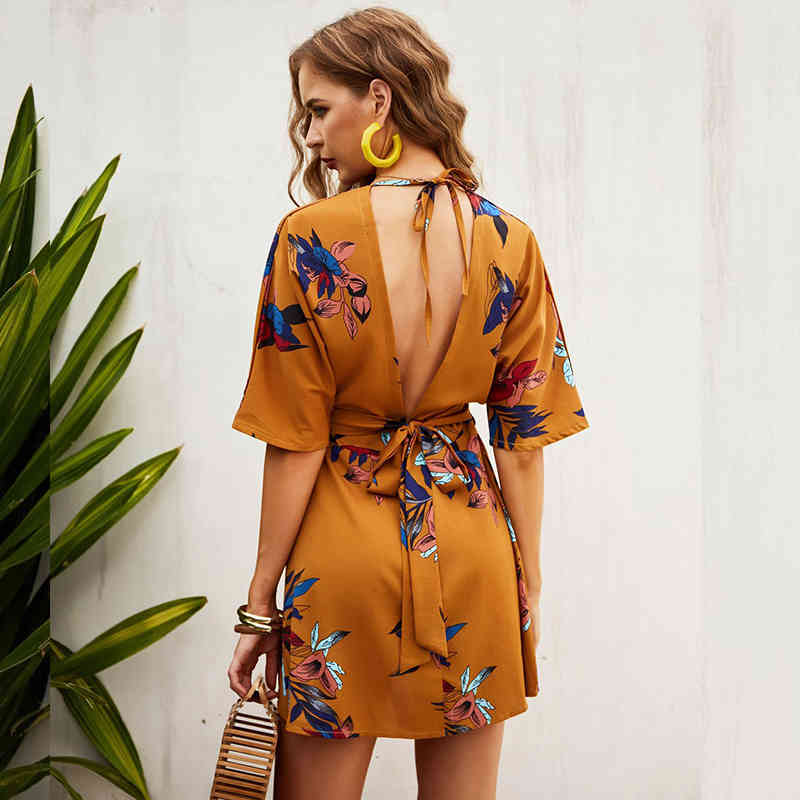 Foridol Casual deep v neck Mini Dress Summer Short Beach Sundress Women Fashion Chic Floral Print Harajuku Dresses 210415