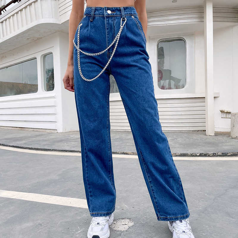 Benuynffy Zipper Fly Pockets Black Wide Leg Jeans Women Autumn Winter Casual Streetwear Ladies High Waist with Chain 210922