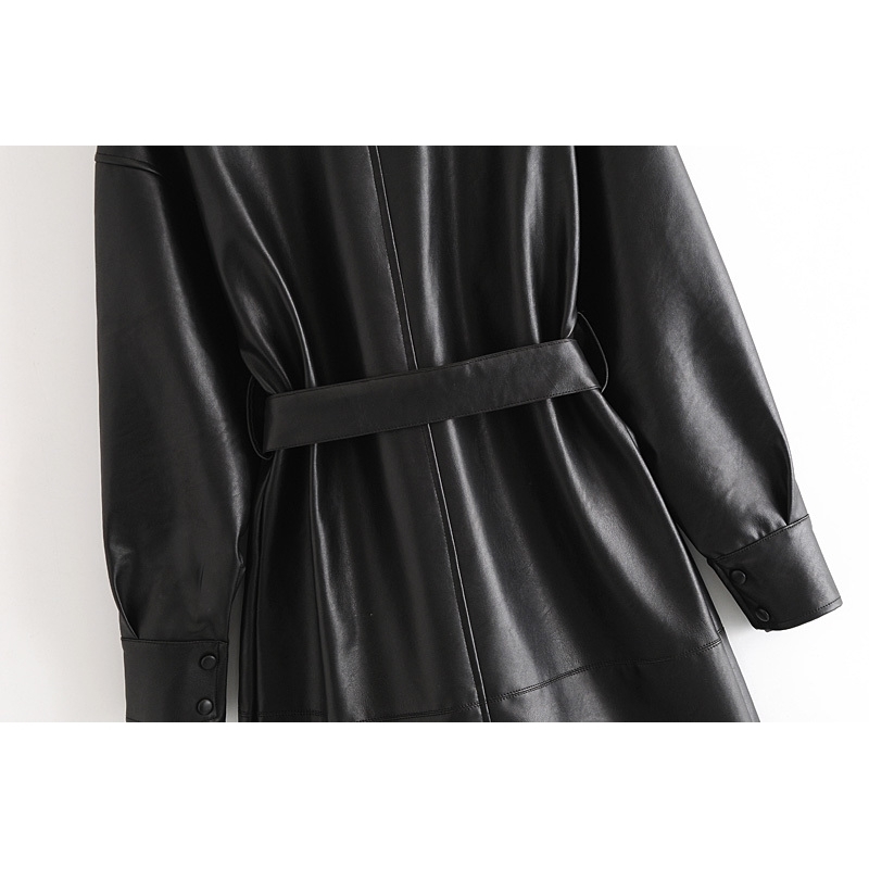 winter belt Faux Leather Jacket women long coat sleeve Motorcycle Coat ladies black leather spring 210521