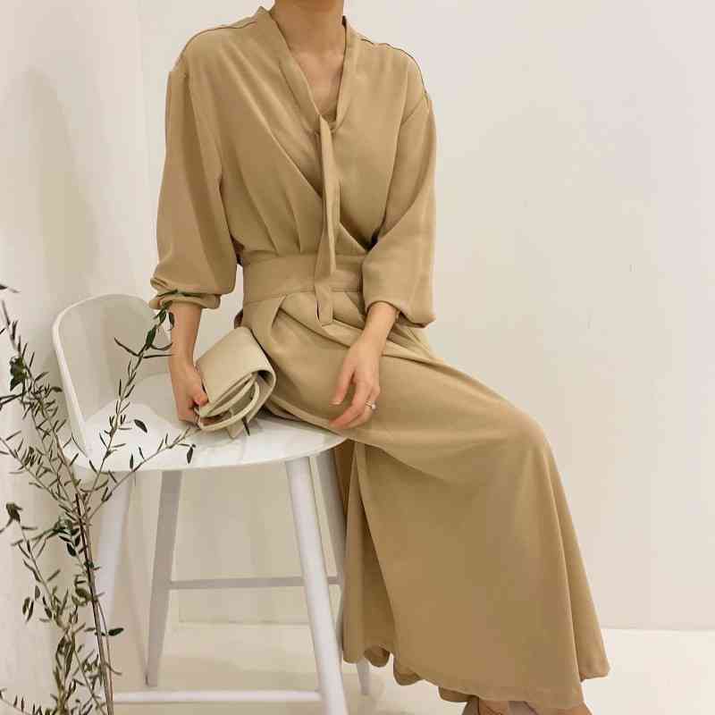 Women Elegant Party Dress Long Sleeve V Neck Solid Autumn Pleats Slim Temperament 210506