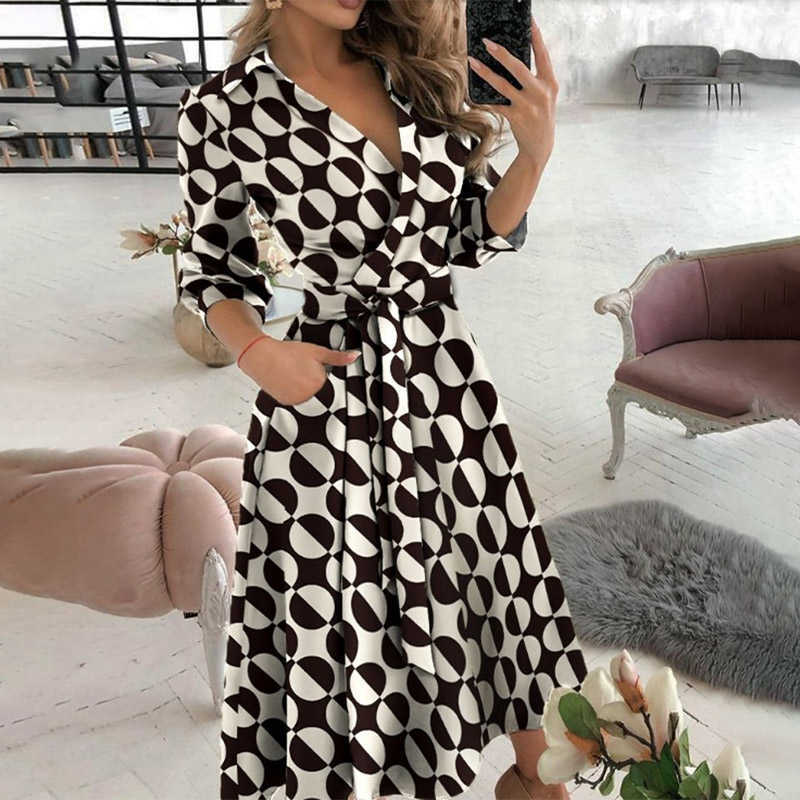 Women V-Neck Sexy Dresses Elegant Long Sleeve Lace Up Wrap Midi Dress Summer Office Lady Party Vestidos 210526