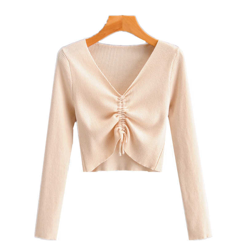 HSA Chic Drawstring Pleated Sweaters Women Autumn Ladies Knitted Long Sleeve Pullover Sexy V-neck Solid Casual Woman Jumper 210716