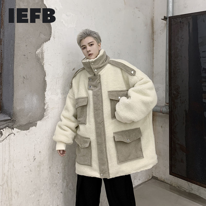 IEFB oversized men's clothes corduroy patchwork Multi Pocket loose lamb wool cotton padded coat stand collar jackets zipper 4430 210524