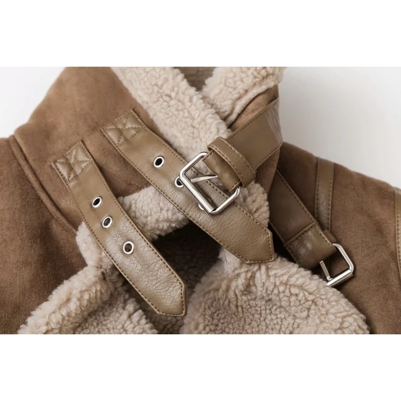 LY Winter Loose Faux Leather Motor Outwear Vintage Coat Sashes Casual Warm Tops Women Suede Lambswool Biker Jackets 210526