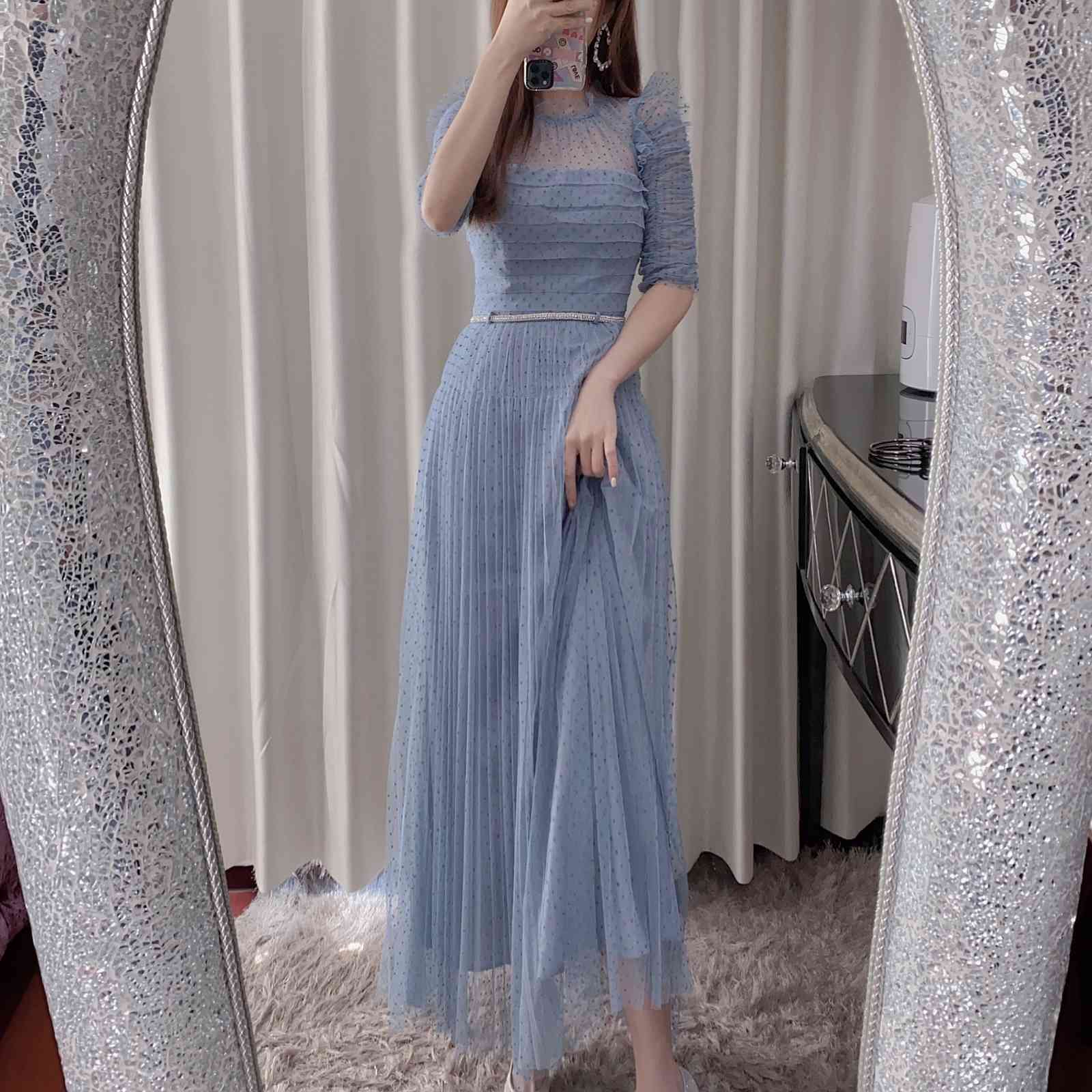 High Quality Mesh Runway Dress Summer Vintage Elegant O neck Blue Polka Dot Long es for Women With Beading Belt 210506