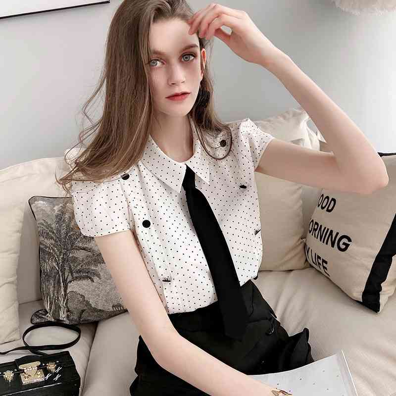 Dabuwawa Elegant Dot Printed Chiffon Blouse Women Tie Neck Turn-down Collar Button Short Sleeve Shirts Office Lady DT1BCF009 210520