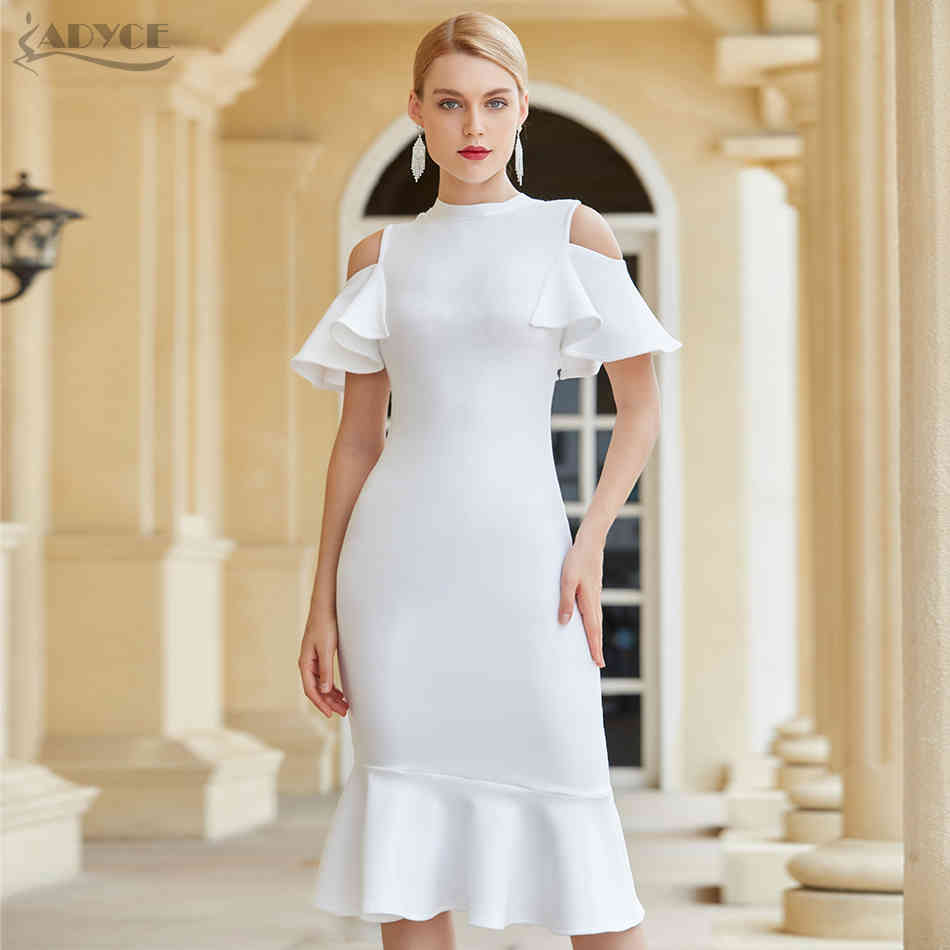 Summer Women Club White Ruffles Bandage Dress Sexy Hollow Out Short Sleeve Celebrity Runway Party Vestidos 210423