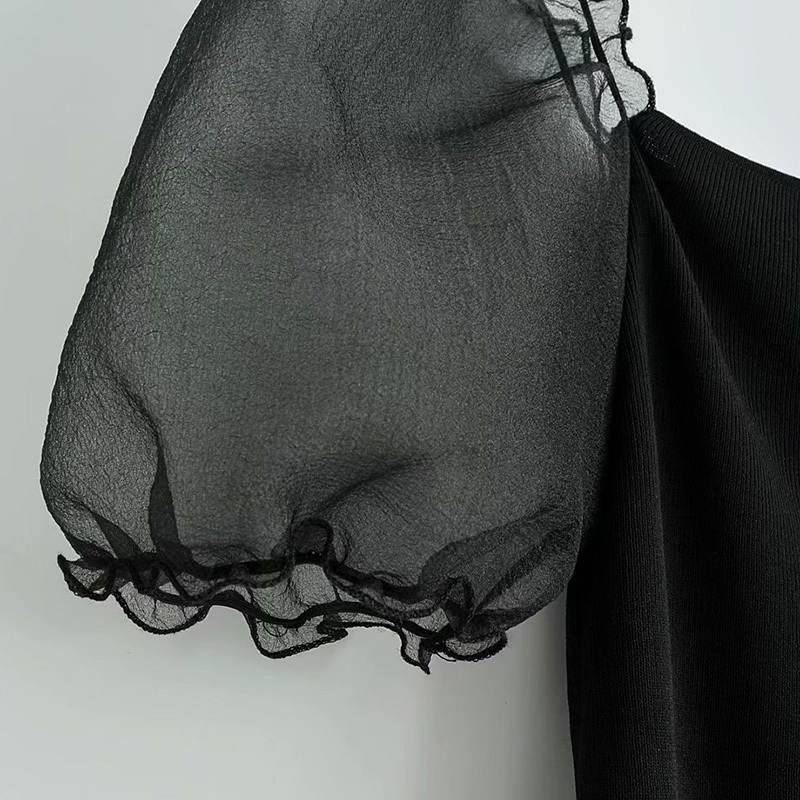 Chic Patchwork Stretchy Short Blouses Women Stylish Square Collar Mesh Puff Sleeve Ladies Shirts Casual Blusa Mujer 210520