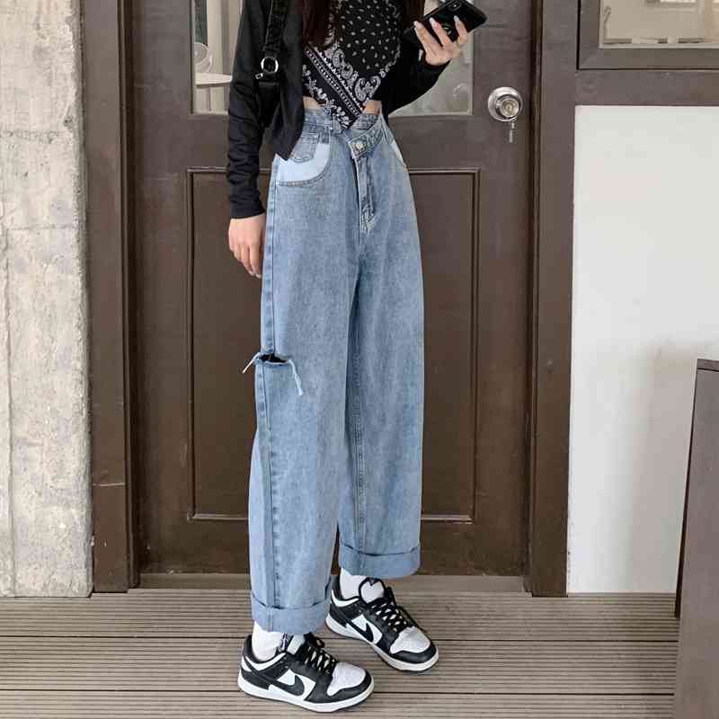 High waist jeans women's straight tube loose floor wide leg design feeling pants fashion, Black
High waist jeans women's straight tube loose floor wide leg design feeling pants fashion, Black