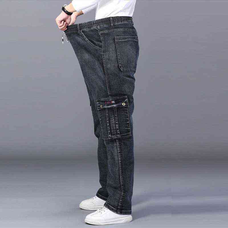 Men's High Waist Jeans Straight Large Size Dinem Trouser Male Black Jeans Side Multi Pocket Blue Loose Elastic Band Cargo Pants 211120