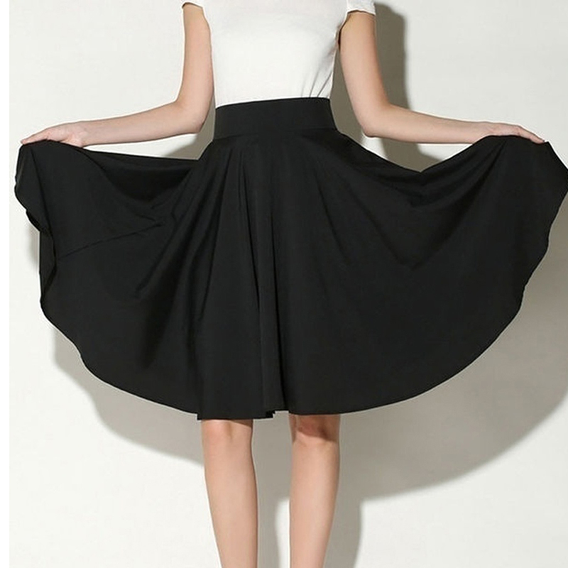 New Fashion Women Solid Knee-Length Big Swing Umbrella Skirt High Waist Vintage Ladies Midi Saia Skater Skirt 210408