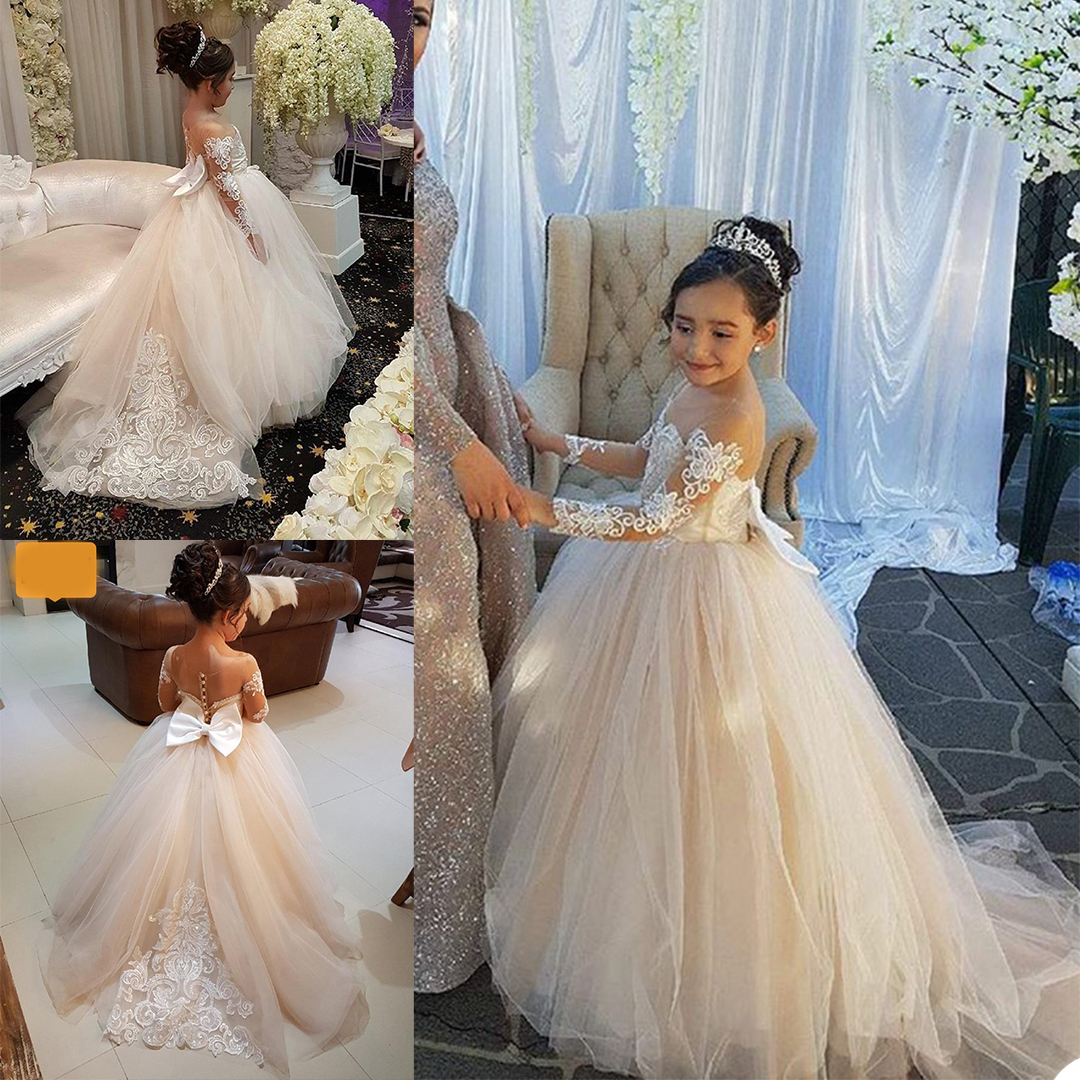 Cute Flower Girls Dress Sheer Neck Long Sleeve Ball Gown Lace Appliques Children Birthday Party Dresses