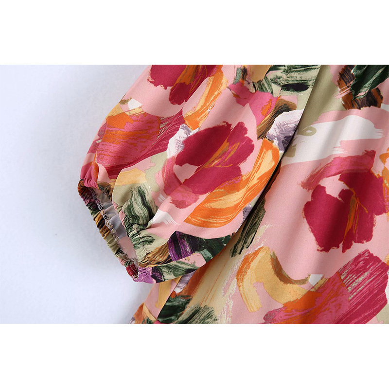 Summer Women Printed Dress Buttoned Pleated Shirt Style Short Chic Lady Fashion Casual Clothes 210517