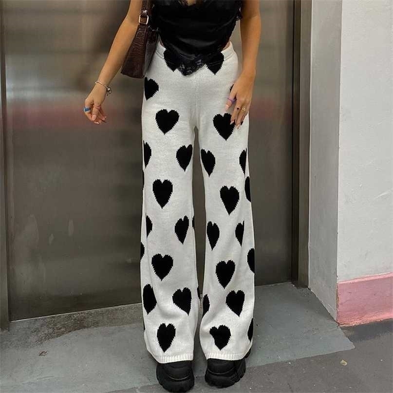 Rapwriter Black Heart Printed Knitted Oversized Wide Leg Pants Women High Waist Baggy Sweatpants White Trouser Streetwear 211115