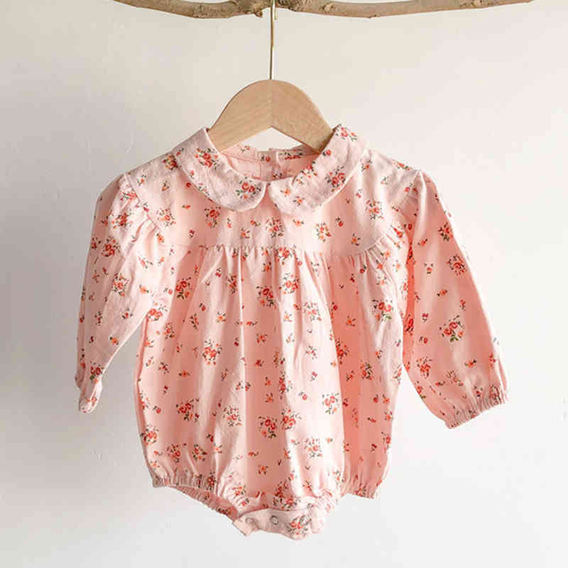 Autumn born Baby Girls Floral Doll Collar Long Sleeve Rompers Clothes Toddler Jumpsuits 210429