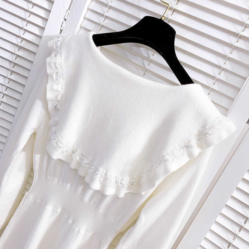 DEAT Women Stitching Sequins Slim Knitted Dress Peter Pan Collar Long Sleeve Elastic Waist Fashion Spring Summer MZ749 210709