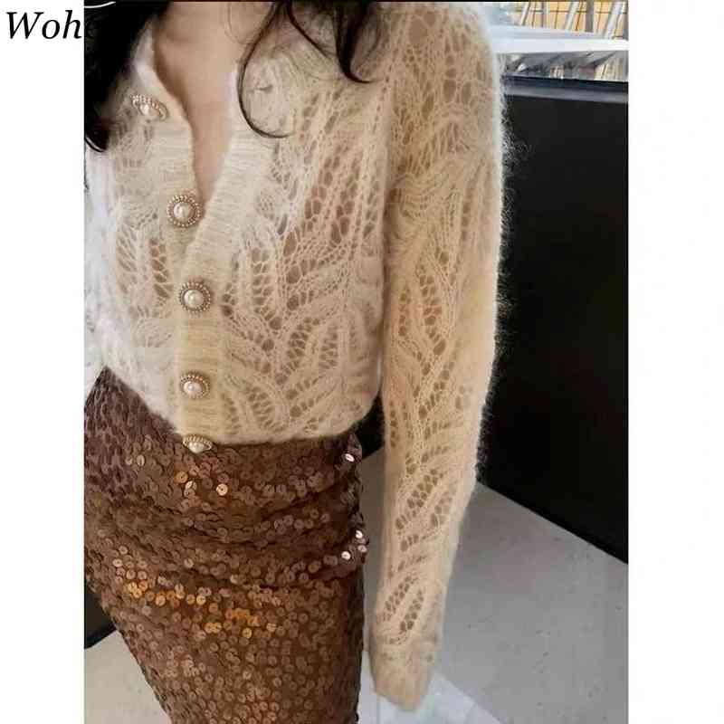 Cardigan Women Chic Hollow Out Mohair Knitted Sweater Coat Summer Thin See Through Loose White Jacket Tops Female 210519
