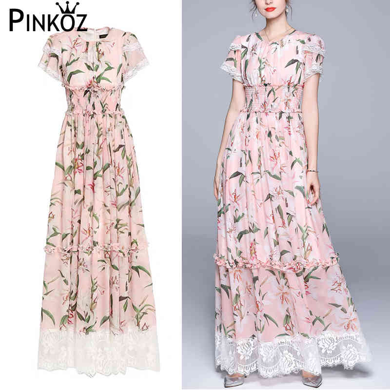 Plus Size Summer Women'S Bohemian Fashion Casual Beach Lily Print Elegant Lace Stitching Chiffon Party Dresses Chic 210421