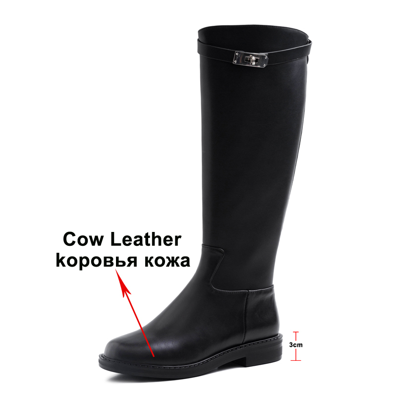 Autumn Riding Boots Women Natural Genuine Leather Flat Knee High Zipper Round Toe Tall Shoes Ladies Winter Size 42 210517