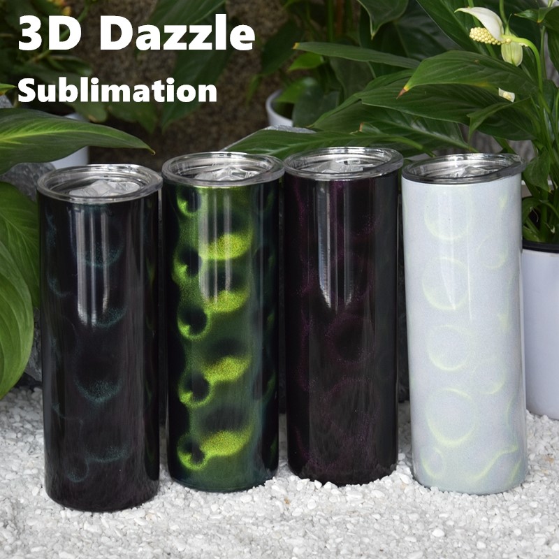 20oz Sublimation Straight Tumbler 3D Dazzle Color Skinny Tumblers Peacock Pattern Glitter Heat Transfer Stainless Steel Water Bottles 2-Layers Insulat