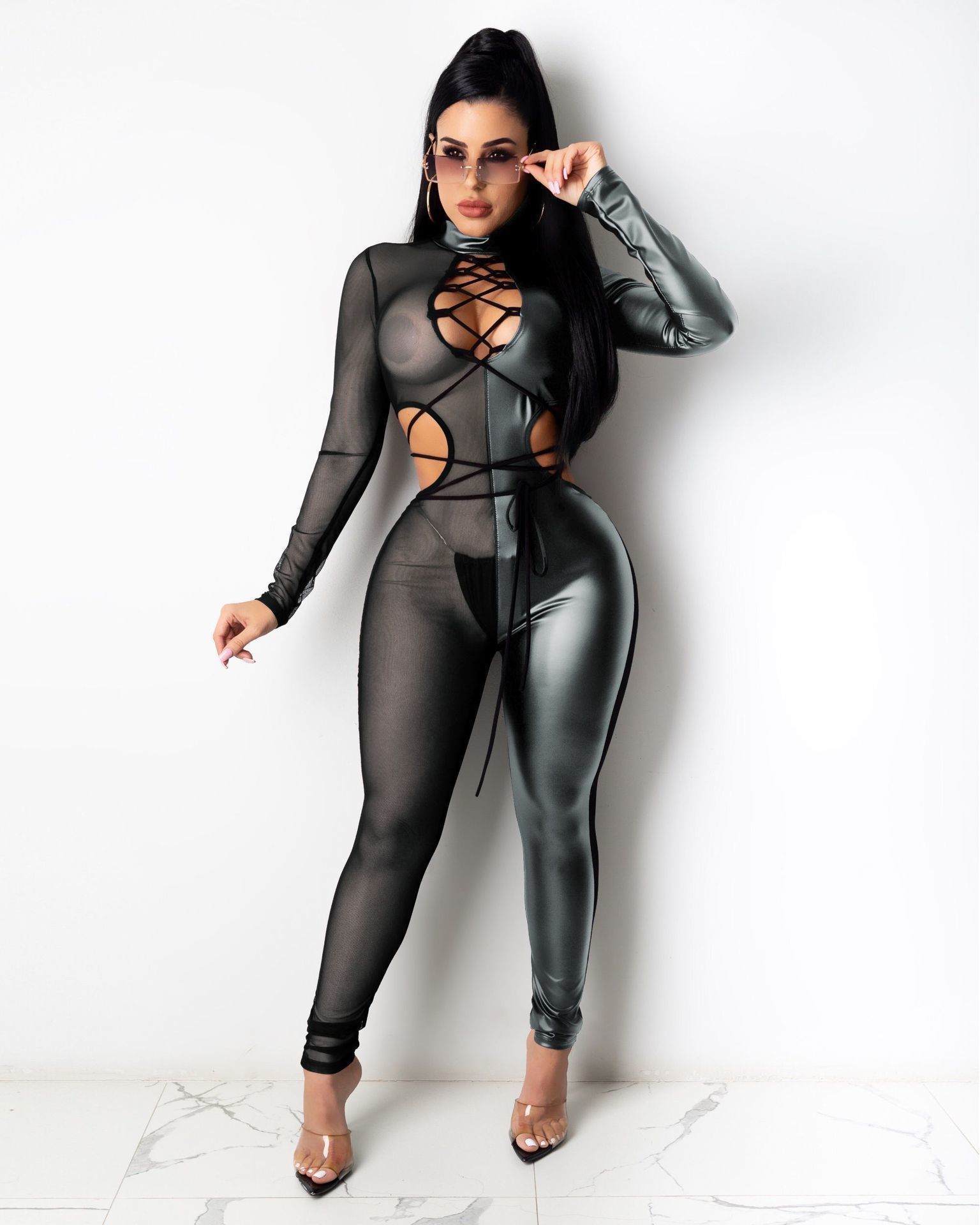 Women patent pants leather splicing perspective mesh lace up tight Jumpsuit The listing Recommend Surprise price wholesale