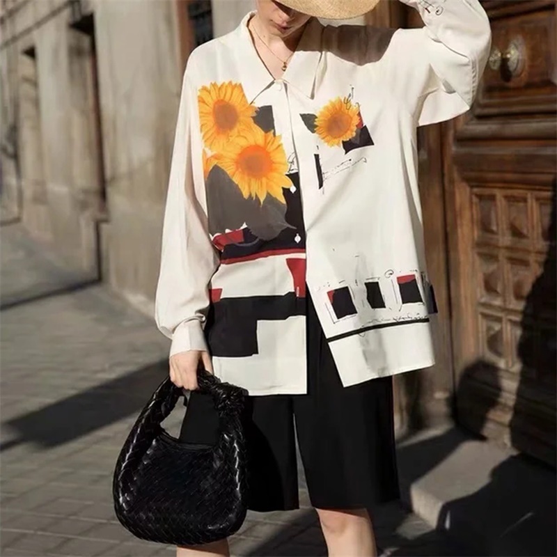 Women Vintage Printing White Chiffon Shirt Long Sleeve Spring Chic Female Loose Shirt Commute Top 210520