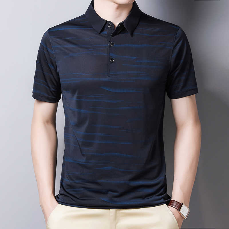 BROWON Fashion Striped Men Tshirt SummerThin Breathable Turn-down Collar Male Tees Short Sleeve Business Work Plus Size Tops 210707