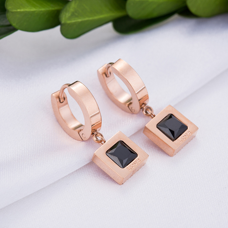 Rose Gold Stainless Steel Black and White Sauare Diamond Charm Huggie Earrings for Women
Rose Gold Stainless Steel Black and White Sauare Diamond Charm Huggie Earrings for Women