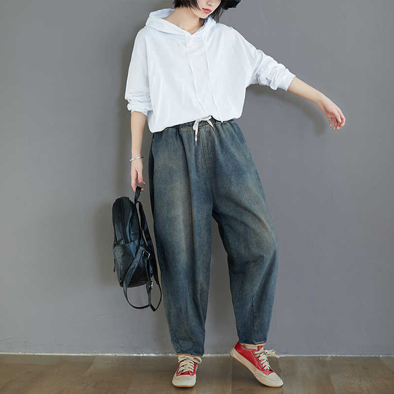 7076 Women Fashion Spring Summer Korean Elastic Waist Oversize Wide Leg Pant Female Casual Loose Ankle Length Jeans Streetwear 210922