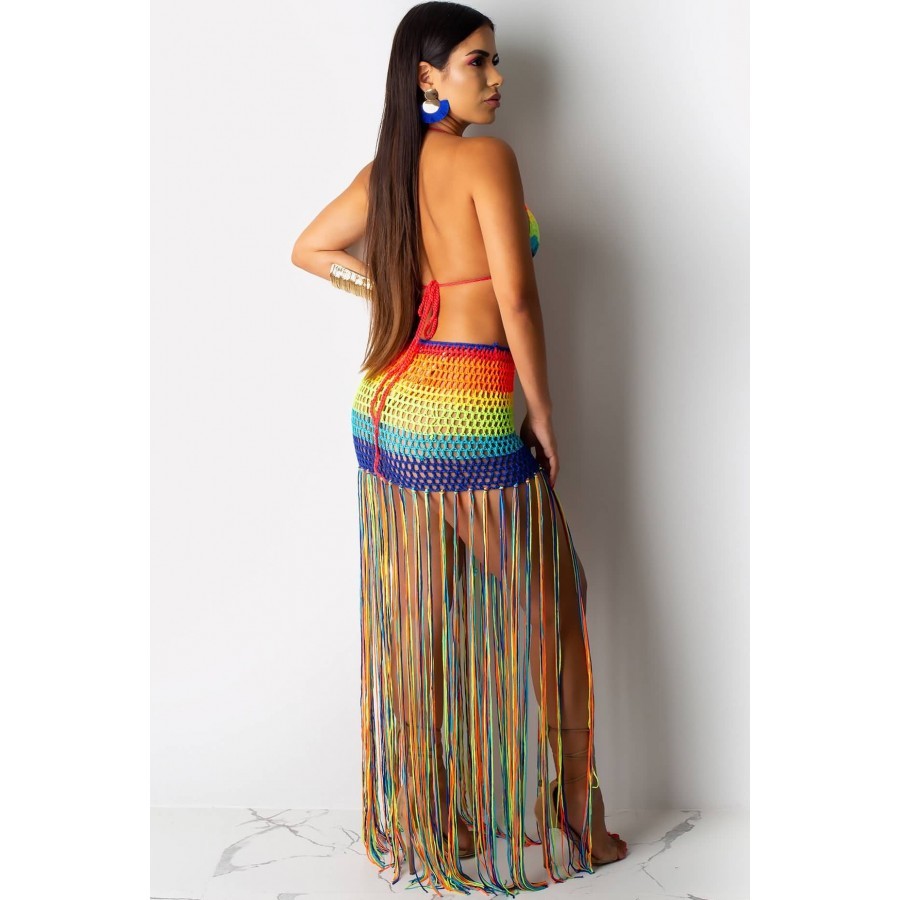 Handmade Crochet Beach Dress Cover Up Rainbow Tassel Sexy 2 Piece Set Crop Top and Skirt Party Club Outfits for Women 210420