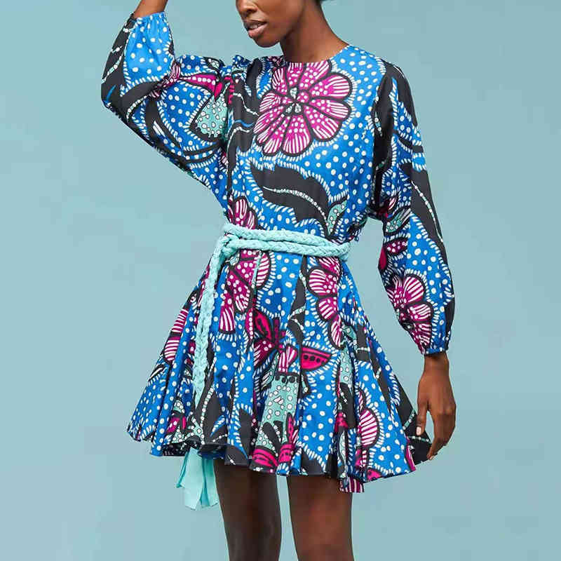 VGH Print Dress For Women O Neck Long Lantern Long Sleeve Patchwork Bandage High Waist A Line Casual Dress Female Clothing 210421