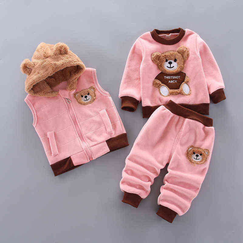 Baby Girl Clothes For Children Clothing Sets Vest+Coat+Pant 3 Picecs Boy Set Cartoon Bear Girls 1-4 Age 211104
