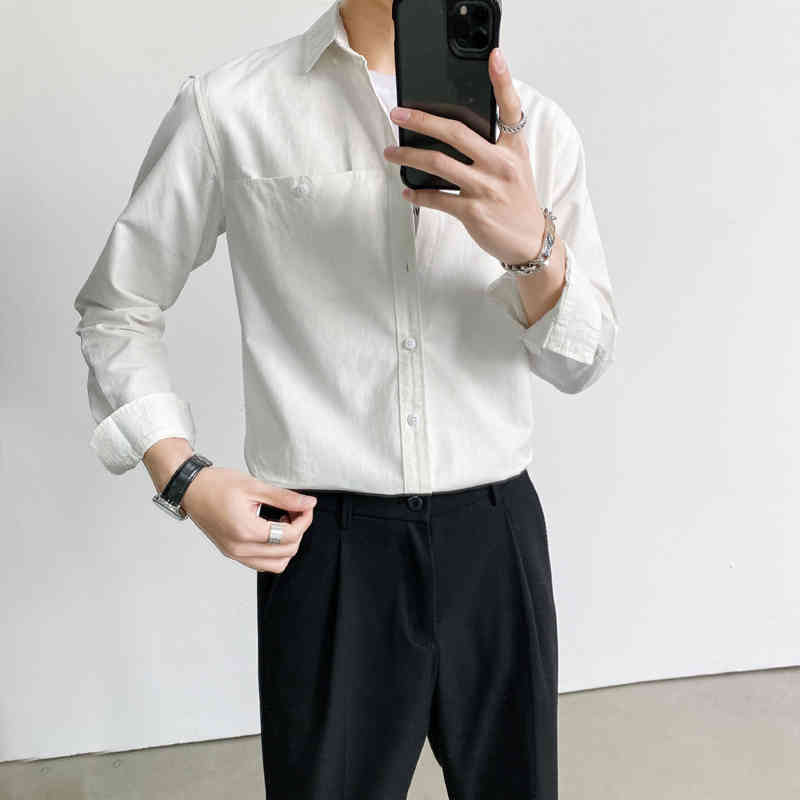 Spring New Loose Men Casual Shirts Long Sleeve Solid All Match Front Pocket Decor 100% Cotton Blouse Homme Streetwear 3XL-M 210410