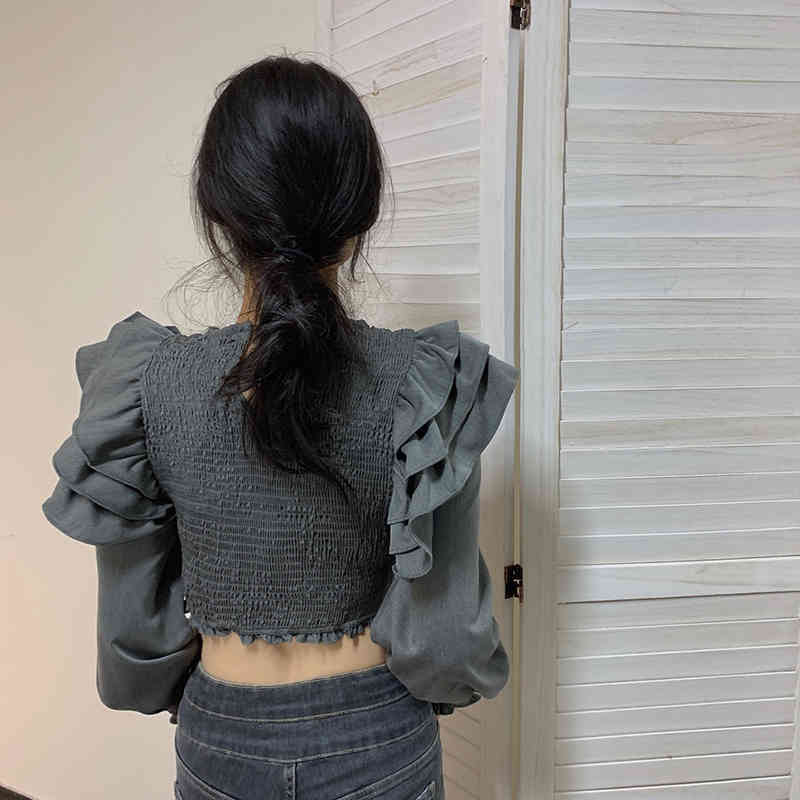 Nomikuma Korean Ruffle Patchwork Long Sleeve Blouse Stretch Slim Short Women Shirt New Causal O-neck Femme Blusa Top 6E710 210427