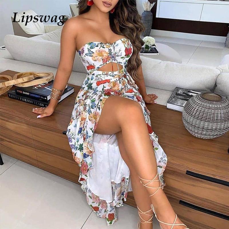 Fashion Women Floral Print High Slit Party Dress Sexy Hollow Out Strapless Beach 2021 Summer Elegant Sleeveless Long Casual Dresses