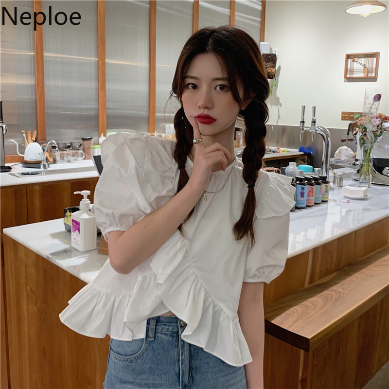 Neploe Ruffles Shirts Women Korean Fashion Blouses Women O-neck Puff Sleeve Blouse Tops Sweet Blusas Mujer De Moda Verano 210422