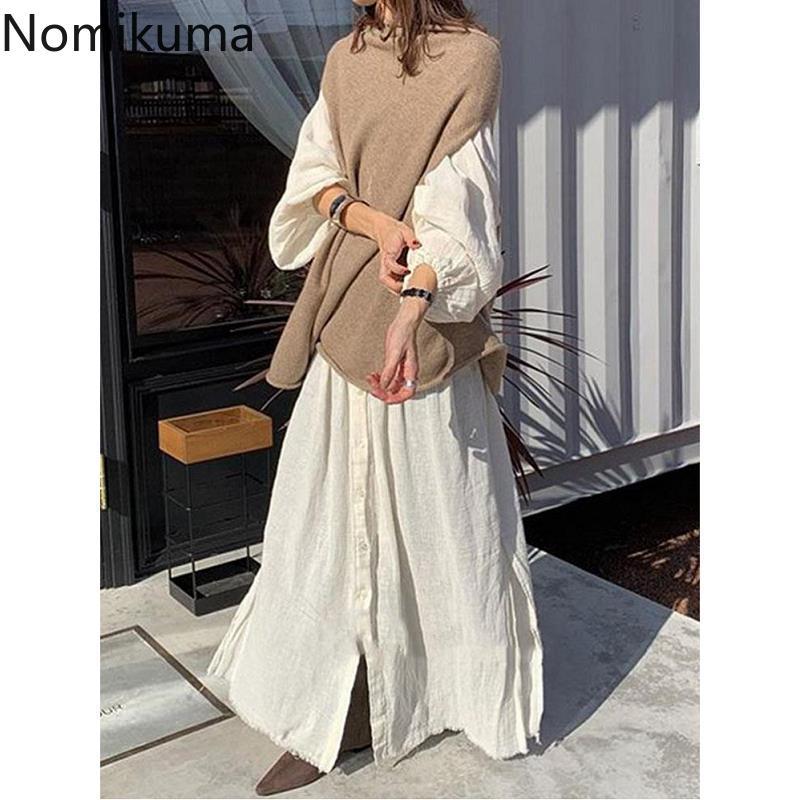 Nomikuma Fashion Causal Women Two Pieces Suits Long Sleeve Loose Blouse Dress + Knitted Korean Sweater Vest Sets 6D779 210427